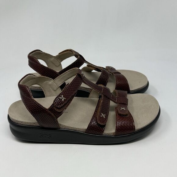SAS Sorrento Woven Sandals Womens 7 W Wide Brown Leather T-Strap Slingback